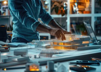 An architect working on blueprints with an AI assistant as a digital model providing structural and design suggestions. Bright, natural lighting enhances the professional setting. AIG60